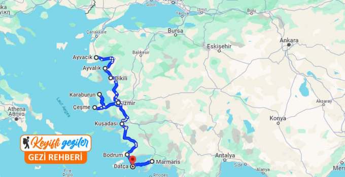 Arabayla Ege Rotası Haritası - Ege'de Gezilecek Yerler Rota