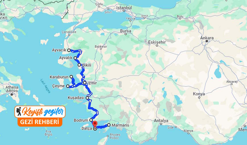 Arabayla Ege Rotası Haritası - Ege'de Gezilecek Yerler Rota